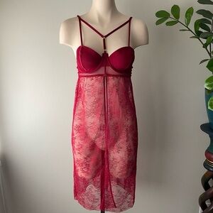 Victorias Secret Long Red Lace Chemise Slip Dress Lingerie Sexy Sleepwear 34C